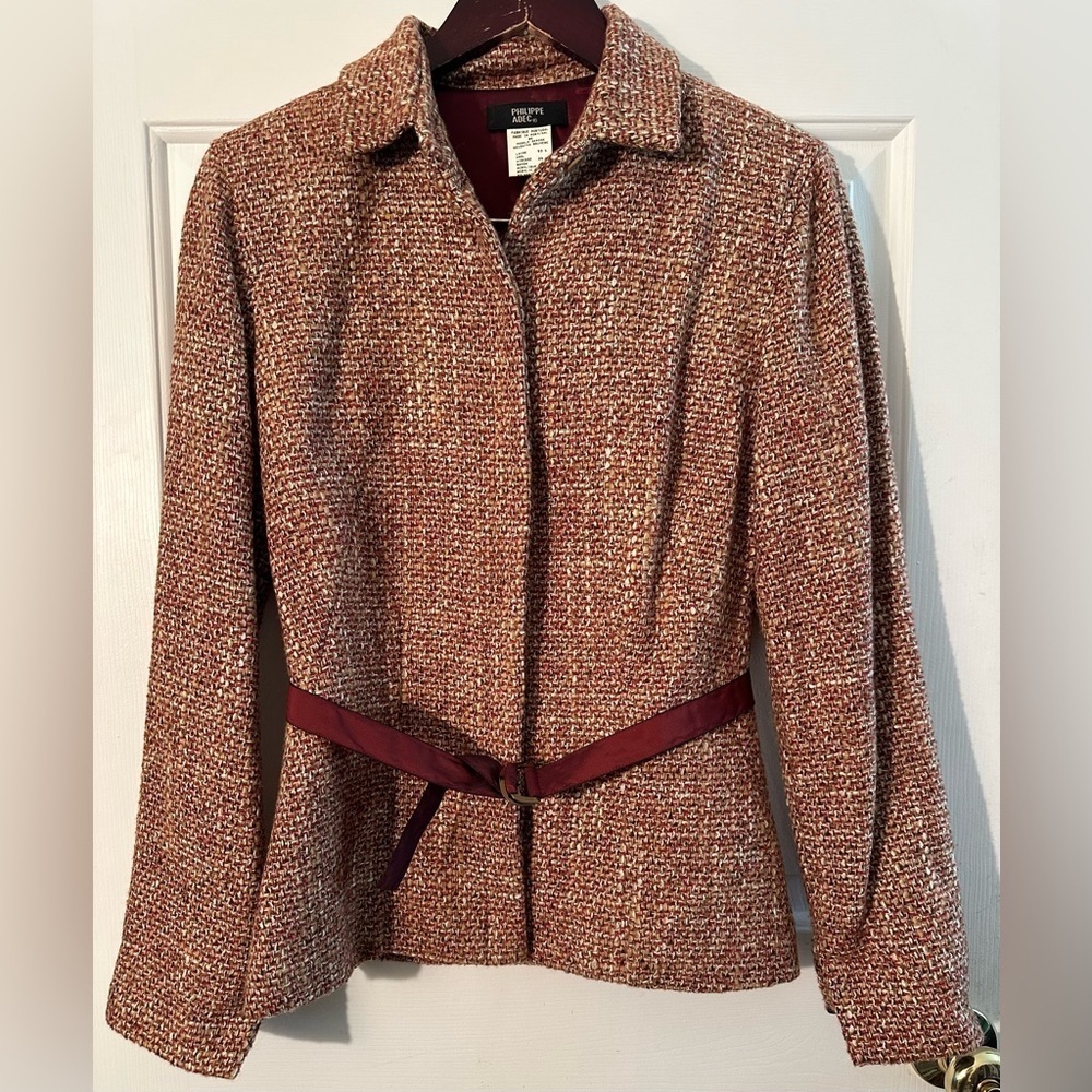 PHILIPPE ADEC 4 Vintage Y2K 90’s Wool Blend Tweed Jacket Wine Blazer Ribbon Belt